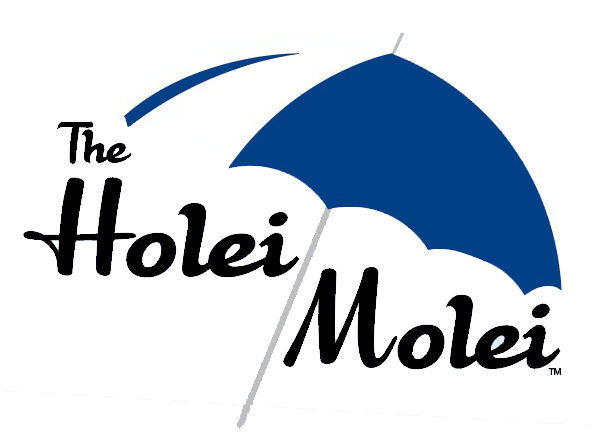 A blue and white umbrella with the words " holei mote ".